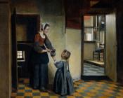 皮特尔 德 胡格 : Woman with a Child in a Pantry